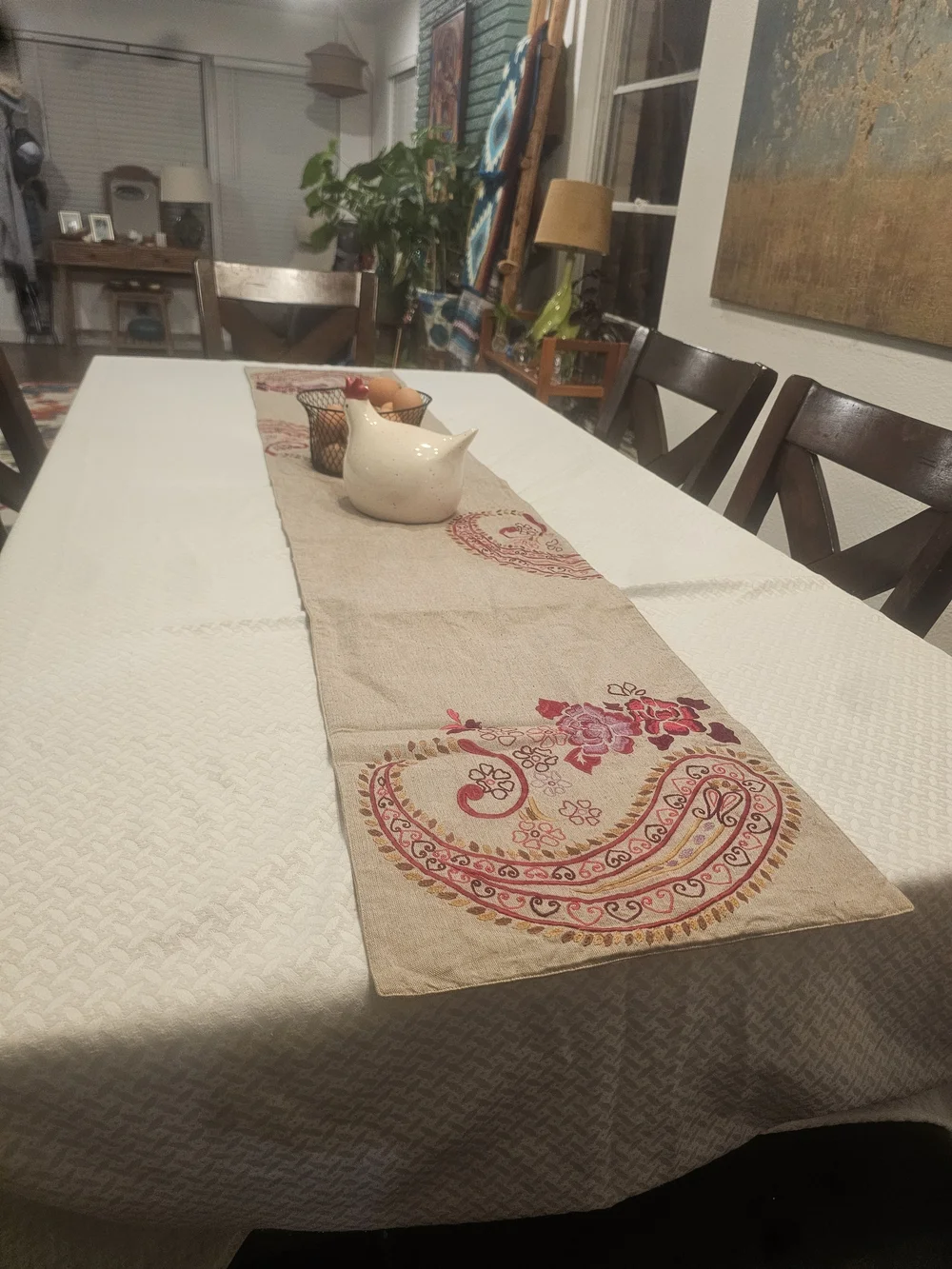 Beige Paisley Embroidered Table Runner with Pink Accents